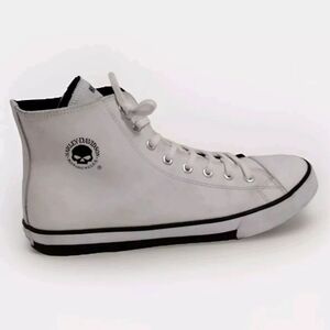 Harley-Davidson Men’s Hi-Top White Leather Sneakers Edgy Biker Streetwear US 12